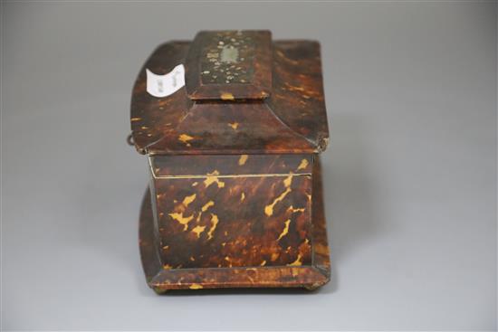 A Regency mother of pearl inlaid tortoiseshell tea caddy, width 8in. depth 5.5in. height 5.5in.